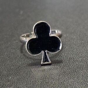 Silver tone black enamel club adjustable ring